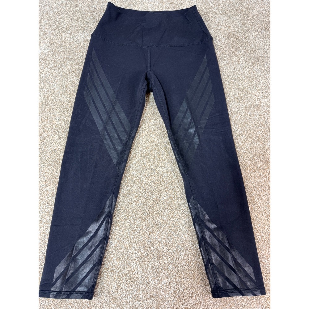 Alo Yoga Womens High Waist Black Chevron Stripe Glossy Leggings Small S Gym Yoga